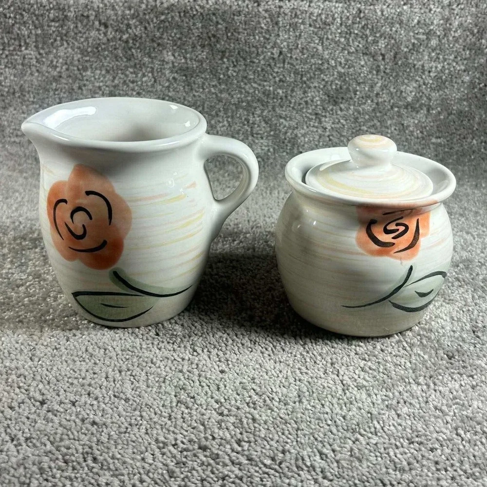 Pfaltzgraff Tango Rimed Sugar & Creamer Tea Rose Floral Stoneware White